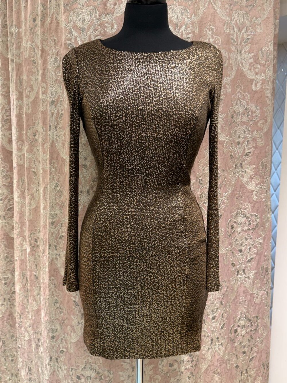 GUESS Gold Sequin Long Sleeve Mini Dress